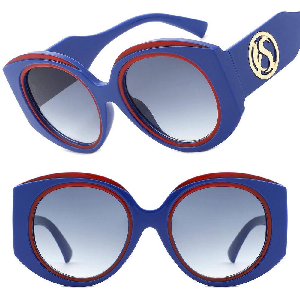 Cool Blue & Red Oversized Sunglasses Womens Vintage Metal Accent Stylish